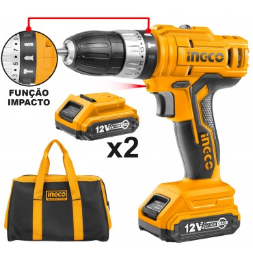 PARAFUSADEIRA E FURADEIRA INGCO COM IMPACTO À BATERIA ÍON-LÍTIO 12V