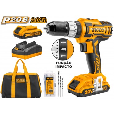 PARAFUSADEIRA E FURADEIRA INGCO COM IMPACTO 3/8” À BATERIA ÍON-LÍTIO 20V