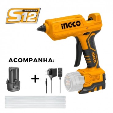 COMBO: PISTOLA DE COLA QUENTE INGCO À BATERIA 12V+BATERIA+CARREGADOR