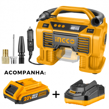 COMBO: COMPRESSOR DE AR AUTOMOTIVO INGCO A BATERIA 20V+BATERIA+CARREGADOR