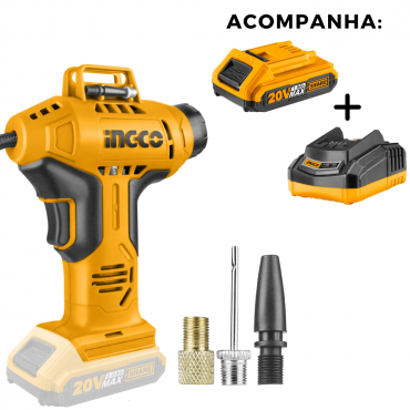 COMBO: COMPRESSOR DE AR INGCO TIPO PISTOLA A BATERIA 20V+BATERIA+CARREGADOR