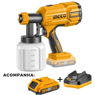 COMBO: PISTOLA DE PINTURA INGCO A BATERIA 20V+BATERIA+CARREGADOR