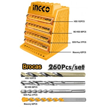 CONJUNTO DE BROCAS INGCO HSS-CO, M2 HSS, SDS PLUS E ALVENARIA (MULTIMATERIAL) COM 260 PEÇAS