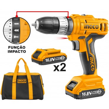 PARAFUSADEIRA E FURADEIRA INGCO COM IMPACTO À BATERIA ÍON-LÍTIO 16.8V