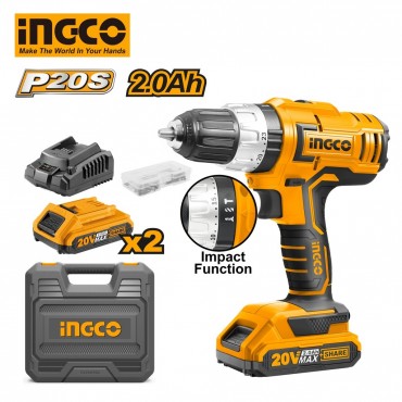 PARAFUSADEIRA E FURADEIRA INGCO COM IMPACTO 1/2” À BATERIA ÍON-LÍTIO 20V 22.500 IPM