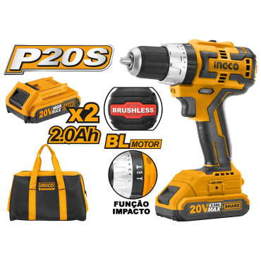 PARAFUSADEIRA E FURADEIRA INGCO COM IMPACTO 1/2” BL À BATERIA ÍON-LÍTIO 20V