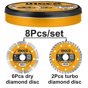 JOGO DE DISCOS DIAMANTADOS INGCO 4.1/2” (115MM X 22.2MM) COM 8 UNIDADES (6 SEGMENTADOS E 2 TURBOS) REF. DMD301153