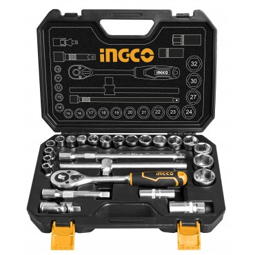 JOGO DE SOQUETES INGCO COM ENCAIXE DE 1/2” COM 25 PEÇAS HKTS12251