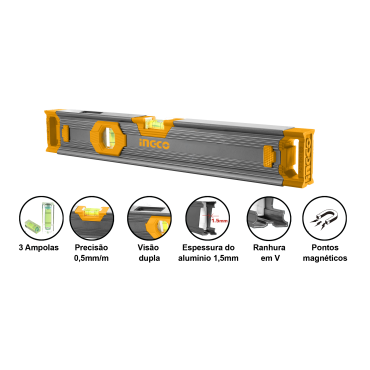 NÍVEL MAGNÉTICO DE ALUMÍNIO INDUSTRIAL INGCO 32” (800mm) REF.HSL68080