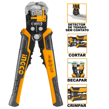 ALICATE AUTOMÁTICO 4 EM 1 PARA ELETRICISTA - CORTAR, DECAPAR, CRIMPAR E DETECTOR DE TENSÃO INGCO 8.1/4’’ 