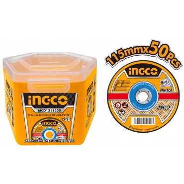 JOGO DE DISCO DE CORTE PARA METAL INGCO 4.1/2” (115 MM X 1,2 MM X 22,2 MM) COM 50 UNIDADES REF. MCD1211550