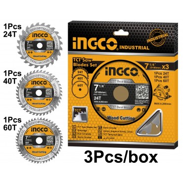 JOGO DE DISCOS DE WIDEA PARA SERRA CIRCULAR INGCO TCT 7.1/4” (185MM X 30MM) COM 3 UNIDADES 24, 40 e 60 DENTES REF. TSB51852153